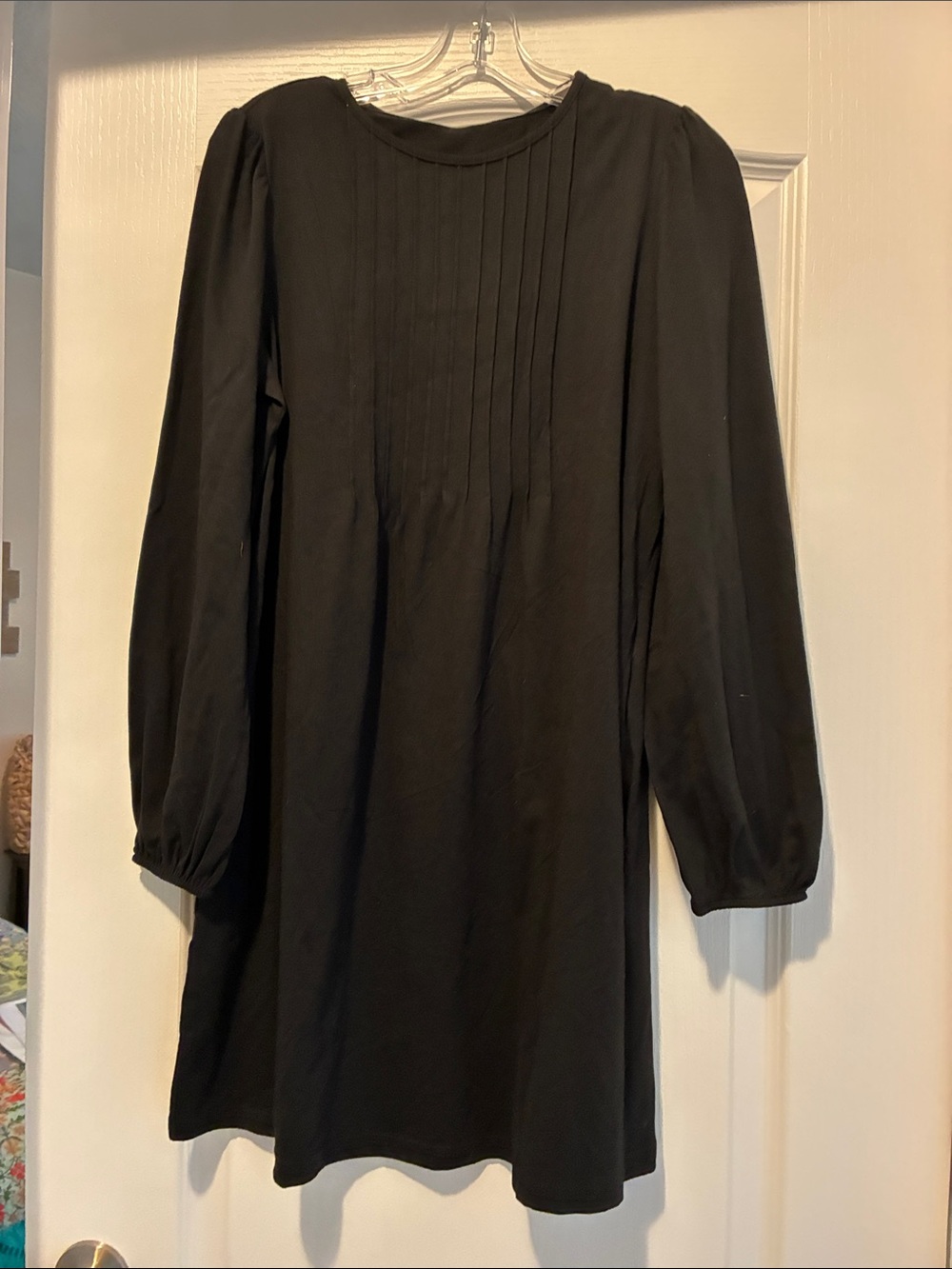 Long Sleeve Pintuck Front Black Dress